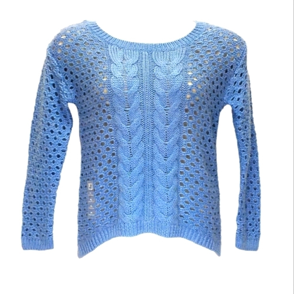 JCP Crew Neck Blue Open Knit Wool Blend Sweater